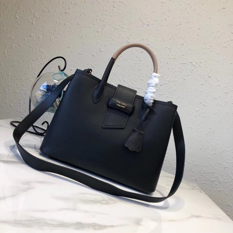 Pra*a top handle tote bag leather black/beige 1bg148 33 × 24 × 14.5 cm