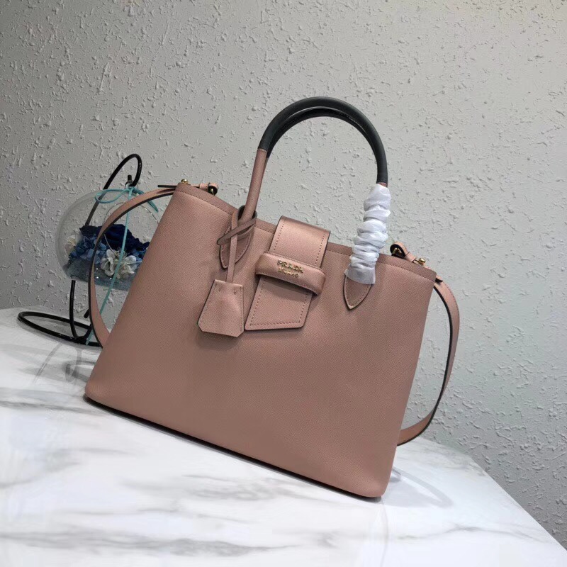 Pra*a top handle tote bag leather powder pink/black 1bg148 33 × 24 × 14.5 cm