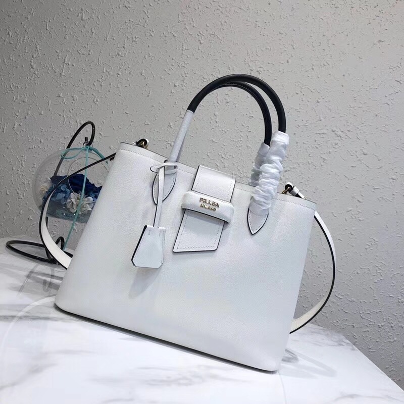 Pra*a top handle tote bag leather white/black 1bg148 33 × 24 × 14.5 cm