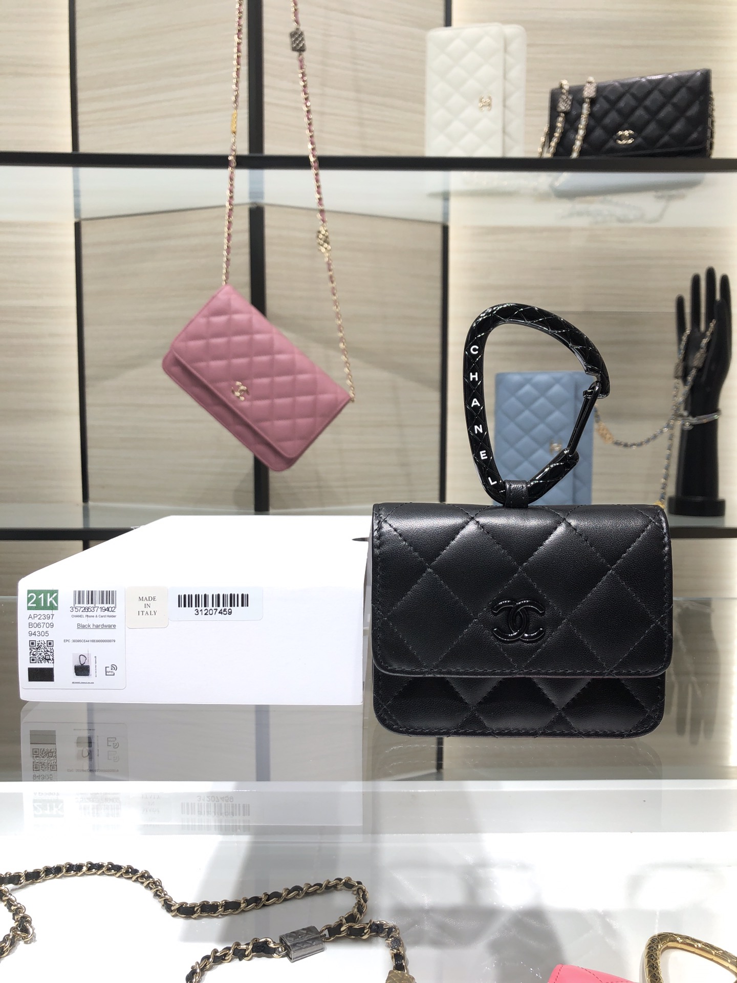Ch**el card holder with jewel hook lambskin black metal black ap2397 11 cm