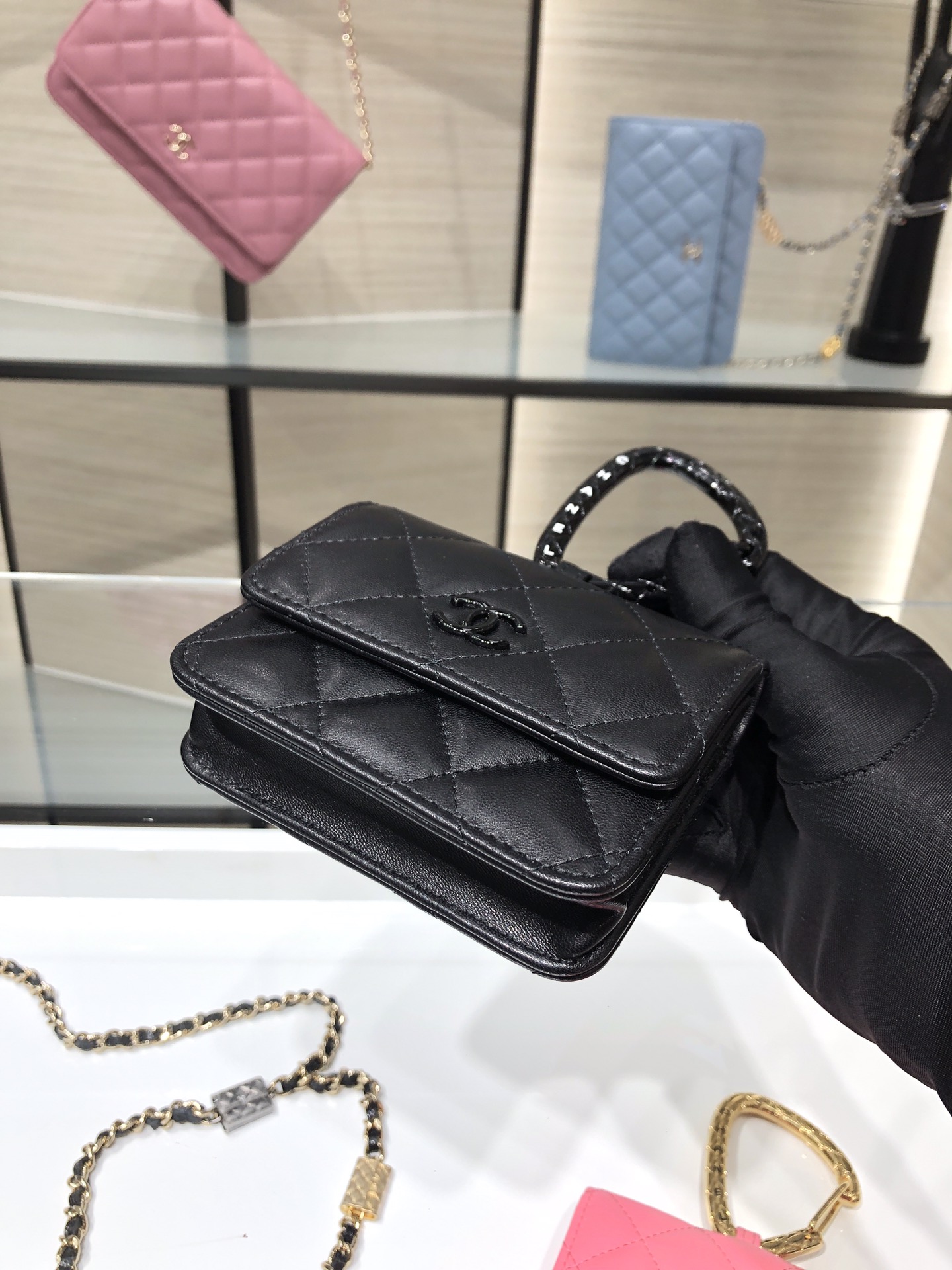 Ch**el card holder with jewel hook lambskin black metal black ap2397 11 cm