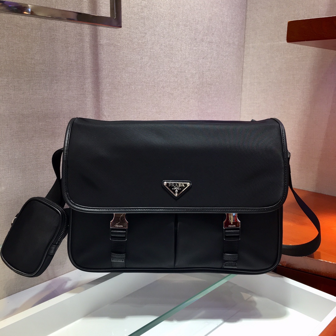 Pra*a re-nylon and saffiano leather shoulder bag black 2vd768 32 x 24 x 12 cm