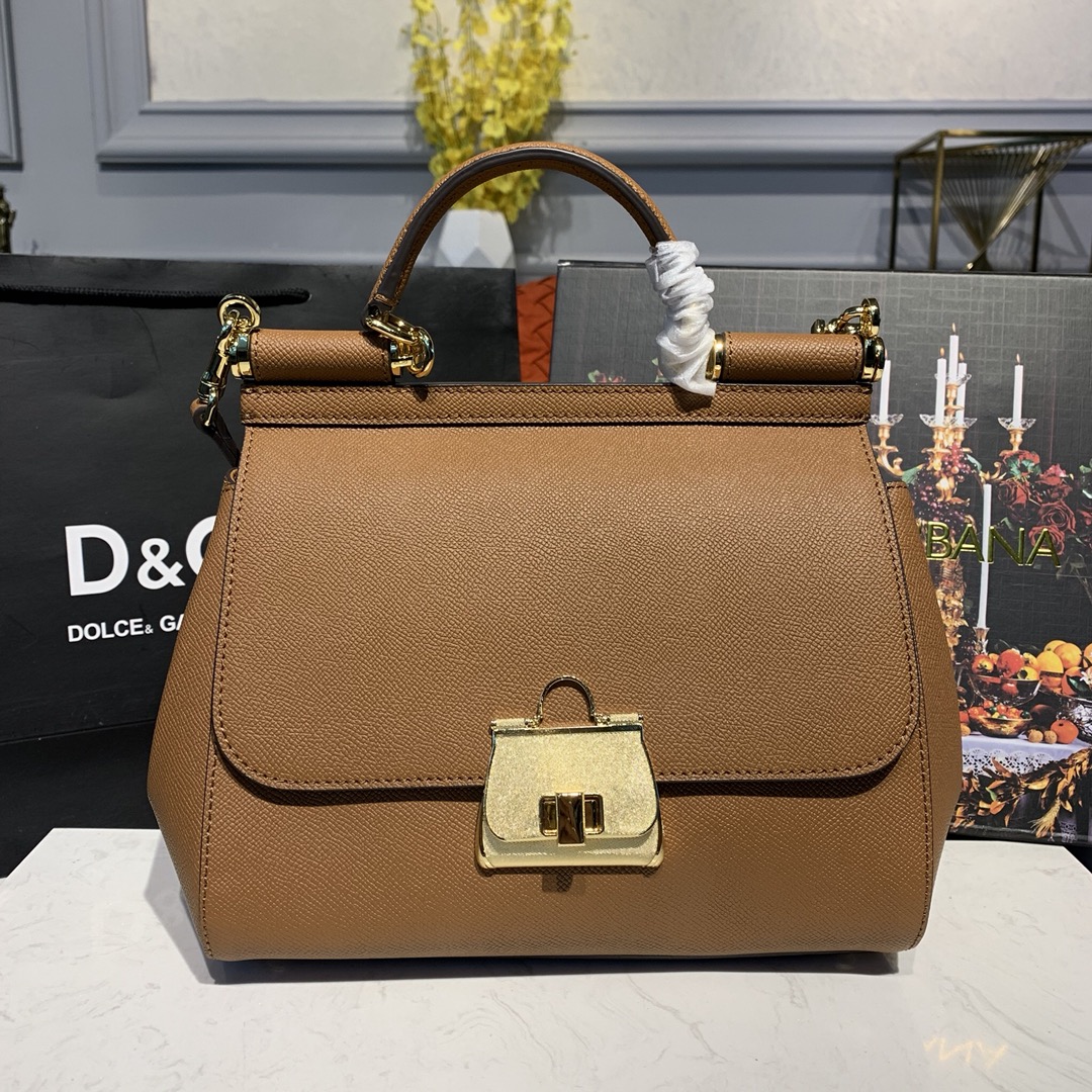 DOLCE & GABBANA Medium Dauphine Leather Sicily Bag Brown BB6002 25 x 12 x 22 cm