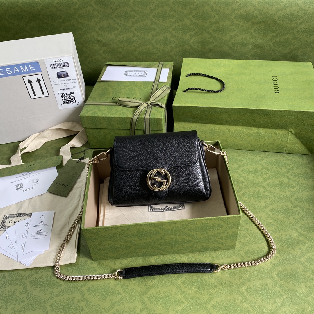 Gvc*1 interlocking g leather crossbody bag black 607720 22 x 15 x 7 cm