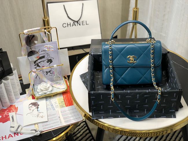 Ch**el small flap bag with top handle dark blue a92236 25cm