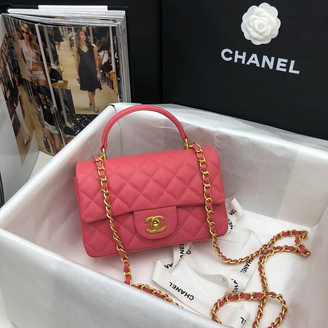 Ch**el mini flap bag with top handle grained calfskin pink as2431 20 x 14 x 7 cm