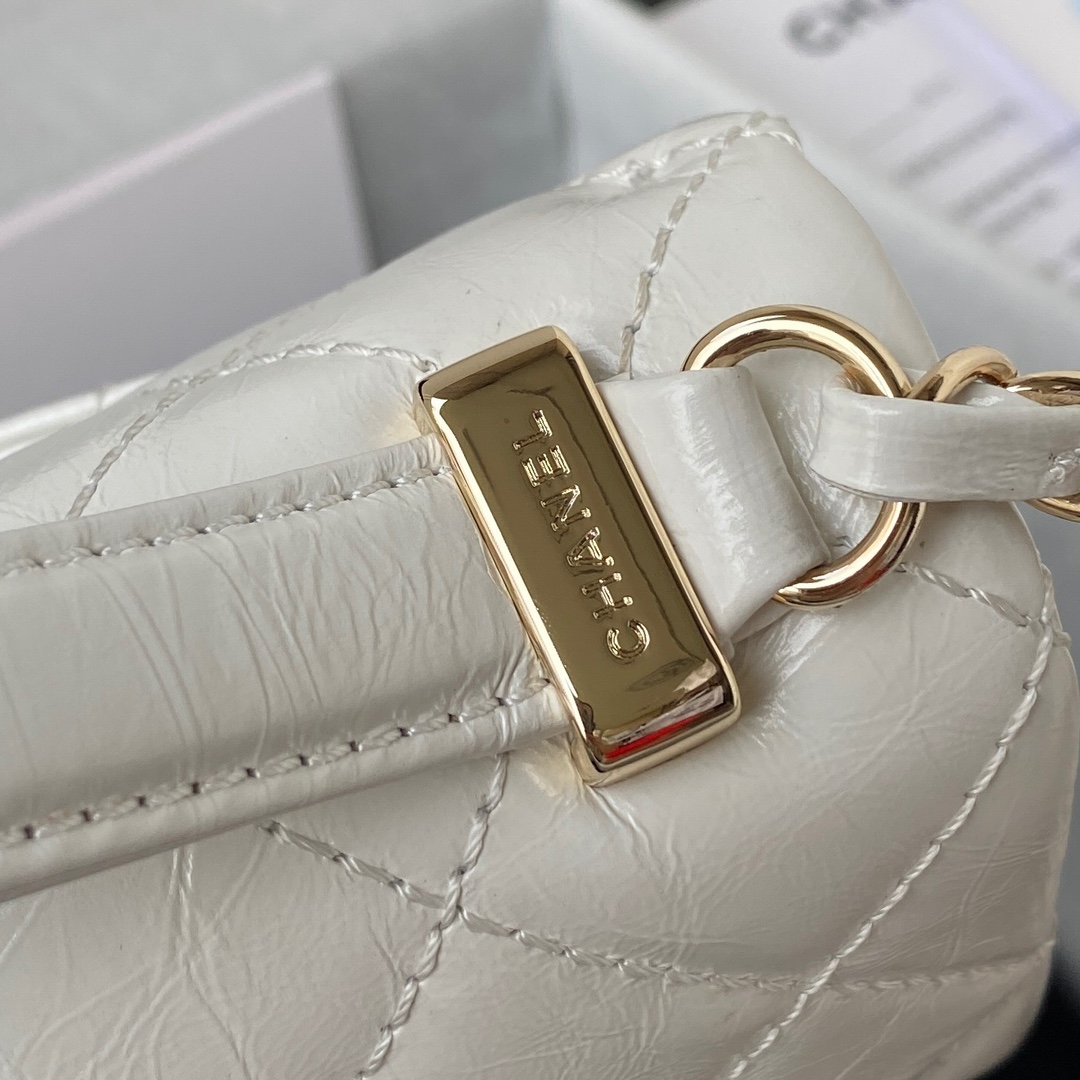 Ch**el mini flap bag with top handle crumpled leather white as2892 20 x 15 x 6.5 cm