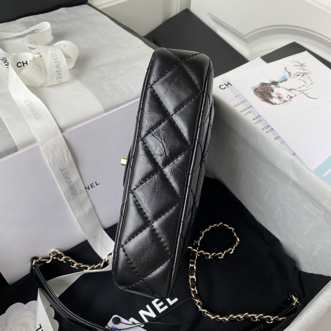 Ch**el mini flap bag with top handle crumpled leather black as2892 20 x 15 x 6.5 cm