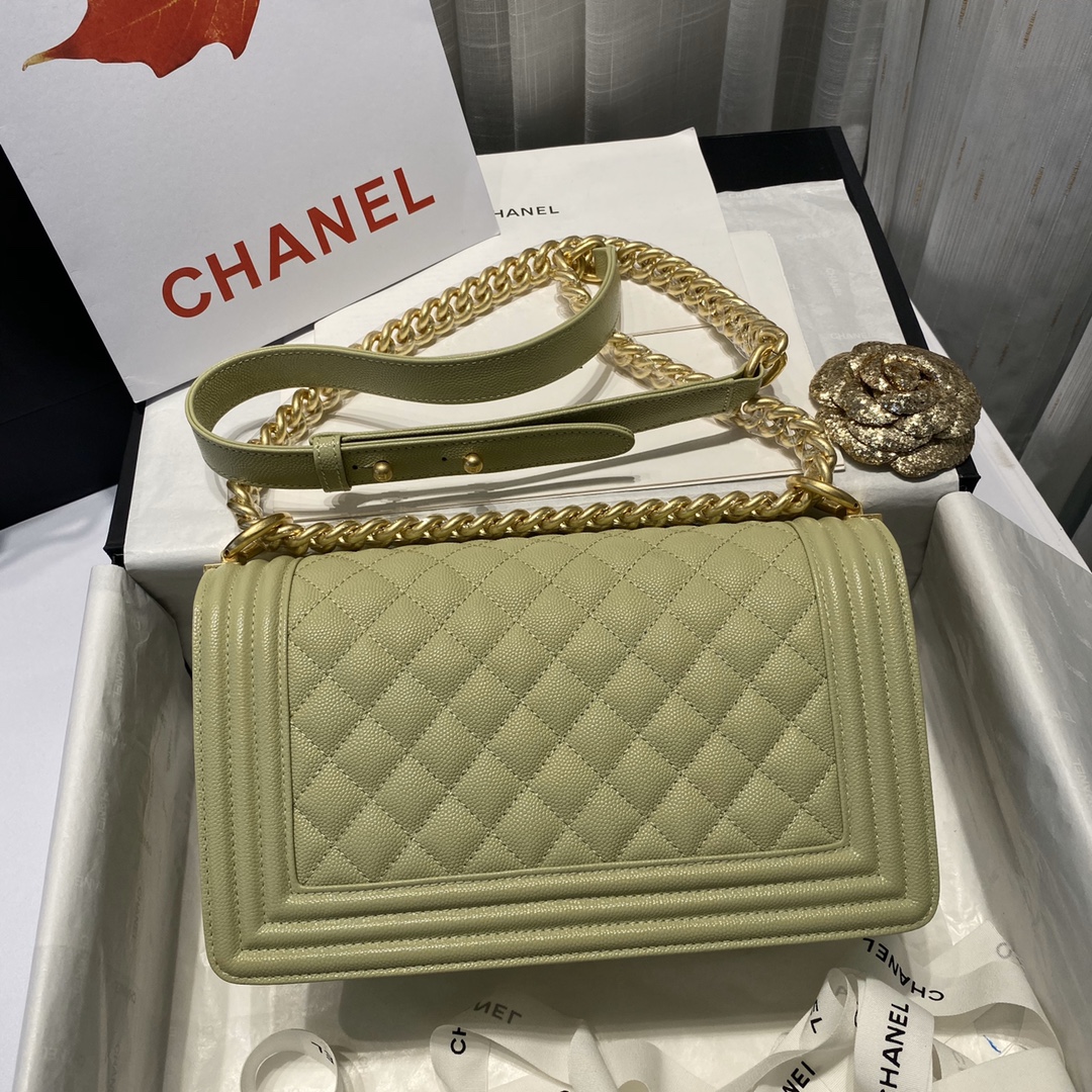 Ch**el medium boy bag classic gold-tone metal grained leather olive green a67086 25cm