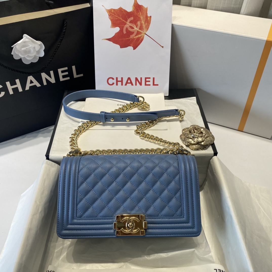 Ch**el medium boy bag classic gold-tone metal grained leather sky blue a67086 25cm
