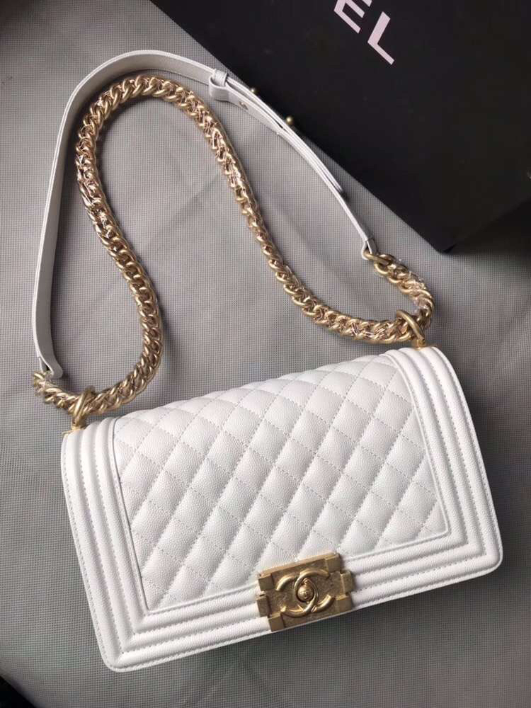 Ch**el medium boy bag classic gold-tone metal grained leather white a67086 25cm