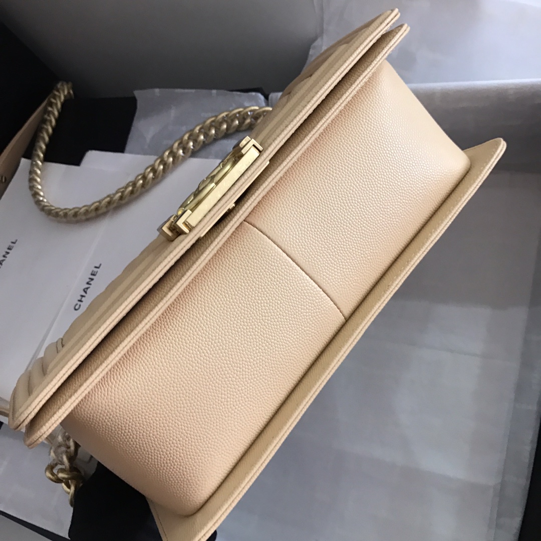 Ch**el medium boy bag classic gold-tone metal grained leather light beige a67086 25cm