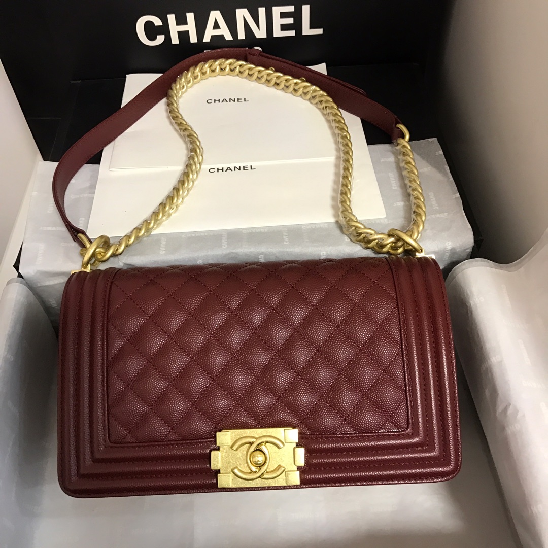 Ch**el medium boy bag classic gold-tone metal grained leather burgundy a67086 25cm