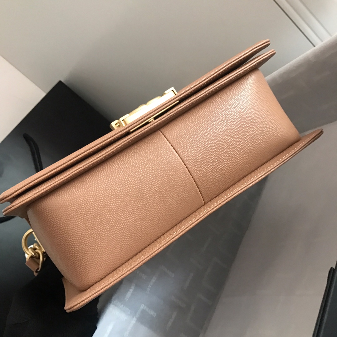 Ch**el medium boy bag classic gold-tone metal grained leather beige a67086 25cm