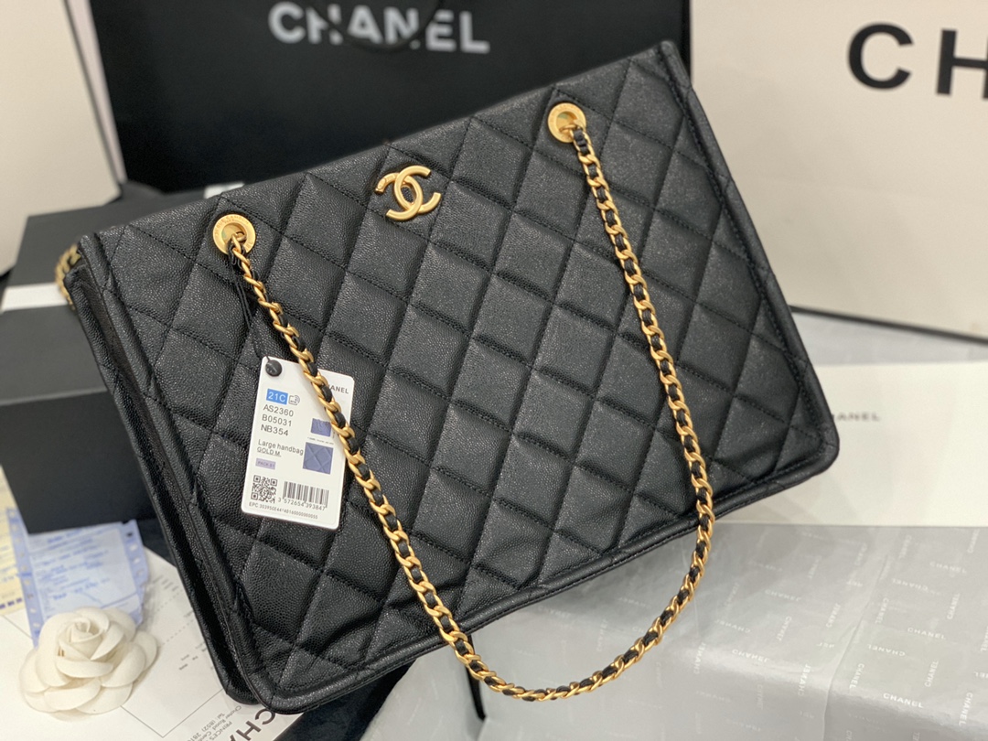 Ch**el large shopping bag grained leather black as2360 23 x 35.5 x 9.5 cm