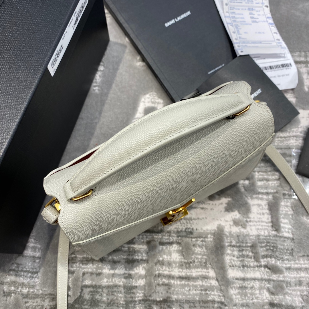 Y51 cassandra mini top handle bag grained leather white 623930 20 x 16 x 7.5 cm