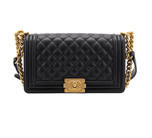 Ch**el medium boy bag classic gold-tone metal grained leather black a67086 25cm